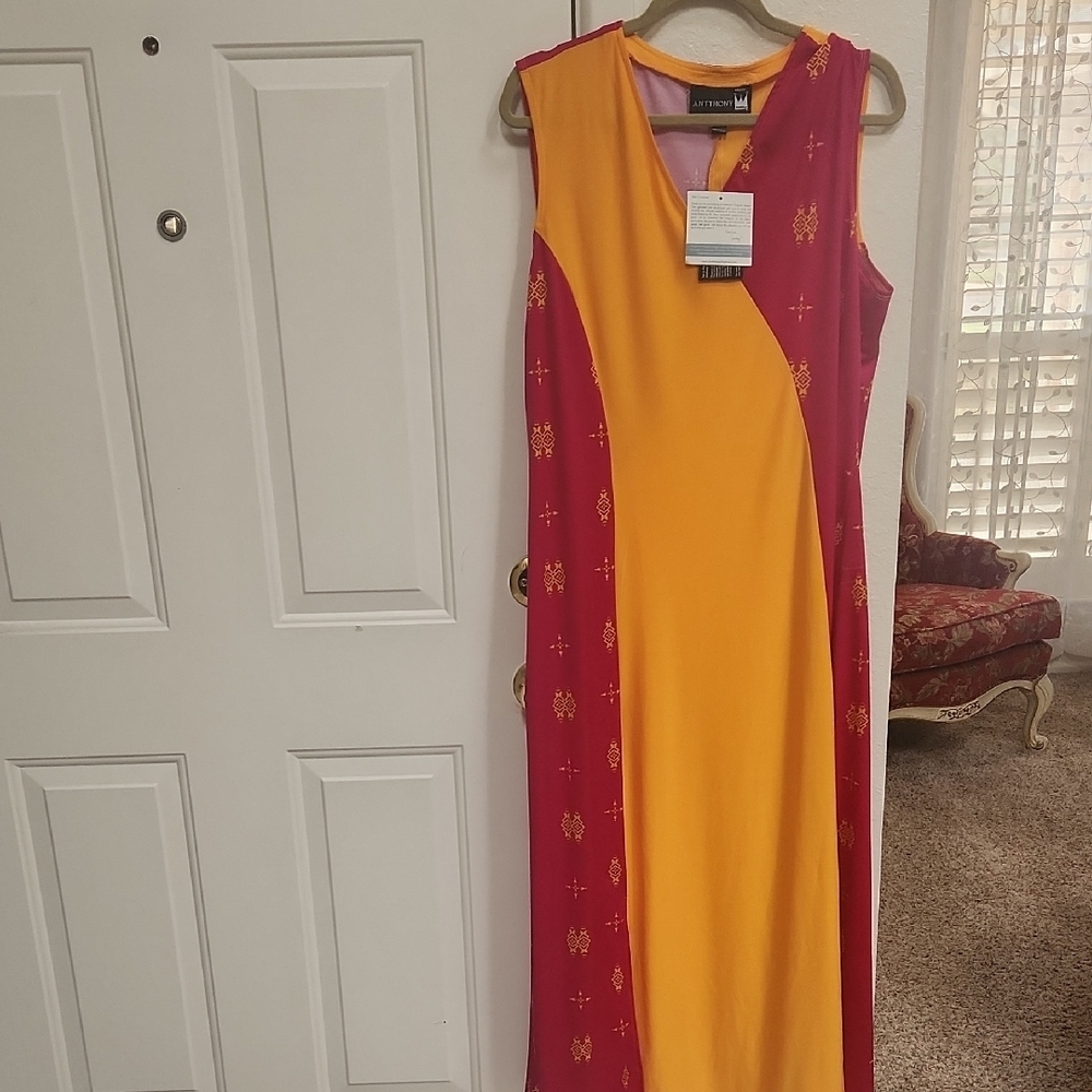 Antthony Yellow and Pink Sleeveless V-Neck Sheath Maxi Dress.